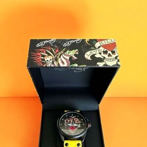 NEW Ed Hardy Matte Yellow Silicone Strap Watch 46mm Y2K